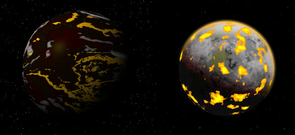 Image of a comparison between the old and new volcanic planets