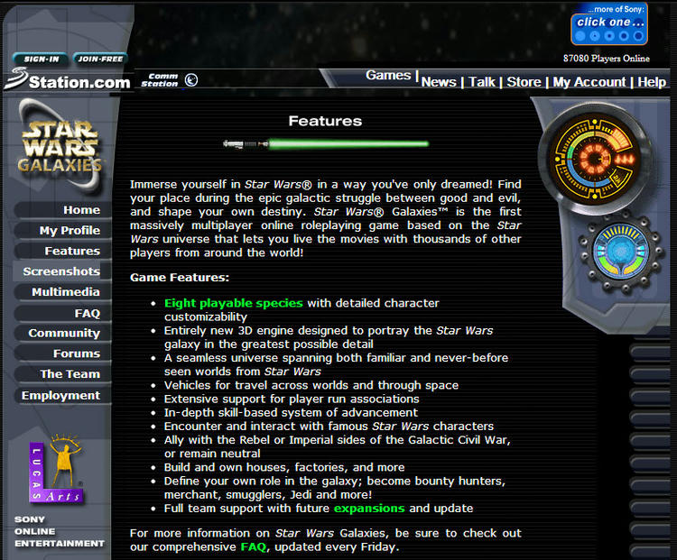 A screenshot of the features page from the first Star Wars: Galaxies website
