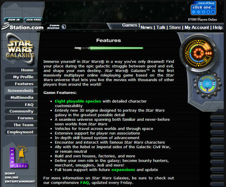 A screenshot of the features page from the first Star Wars: Galaxies website