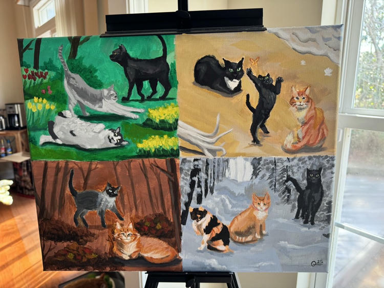 A painting of eleven cats